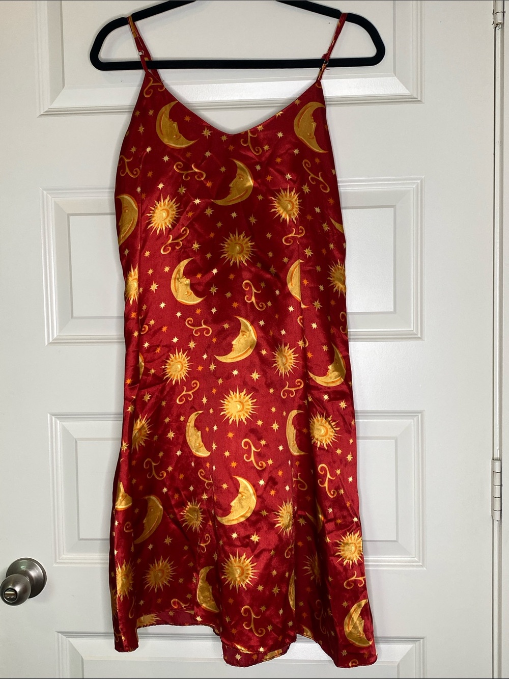 Vintage Red Satin Chemise with Gold Moon & Sun Print